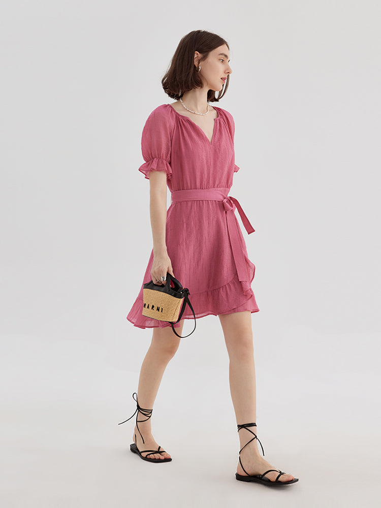 V-neck Tie-Waist Bubble Sleeve Dress