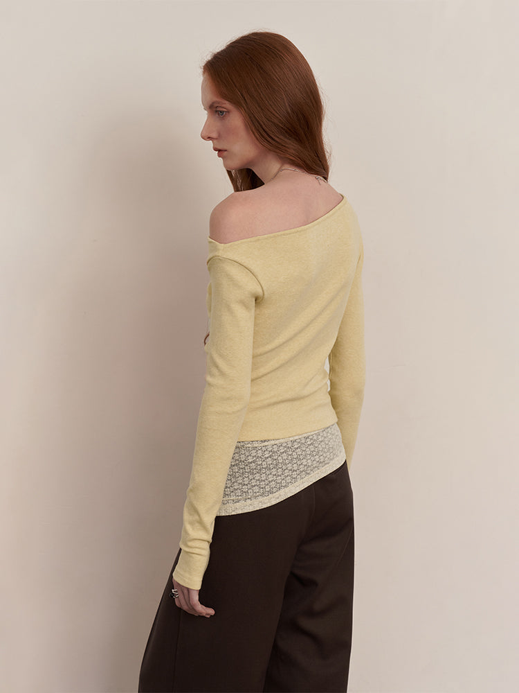 Asymmetrical Lace-Trim Knit Top with Draped Cowl Neck