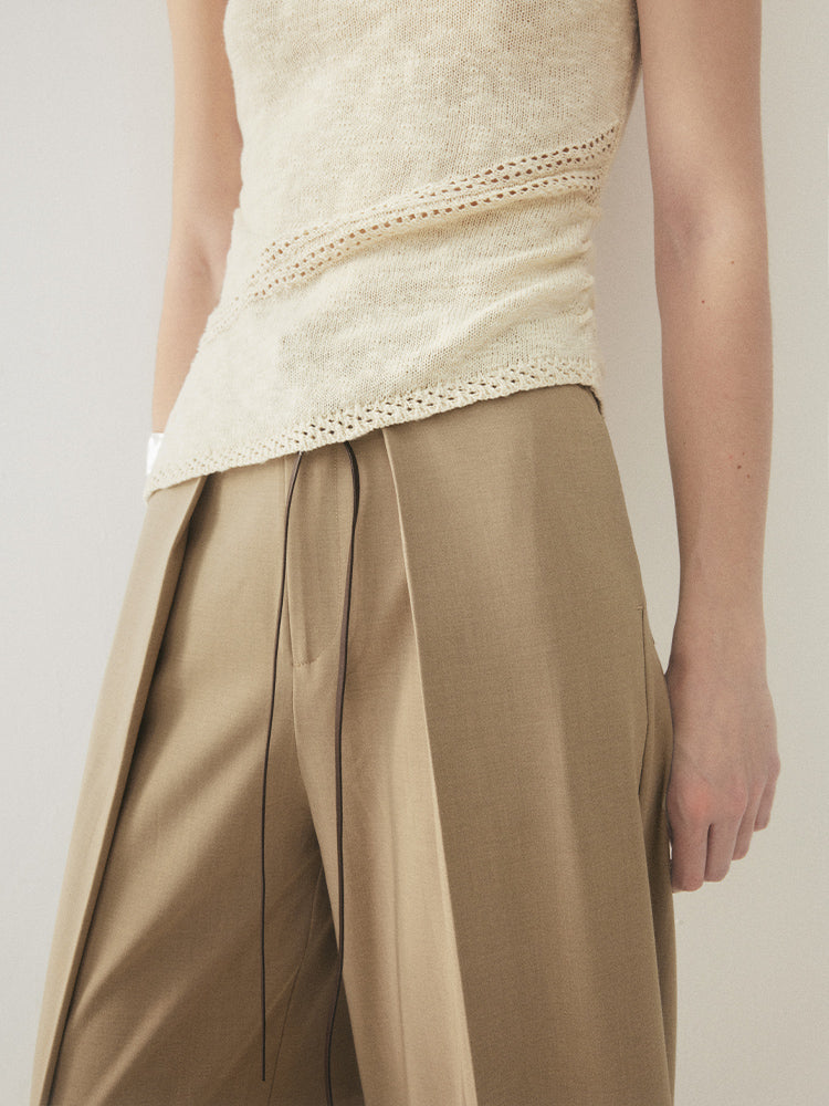 Wide-Leg Pleated Pants with Detachable Belt