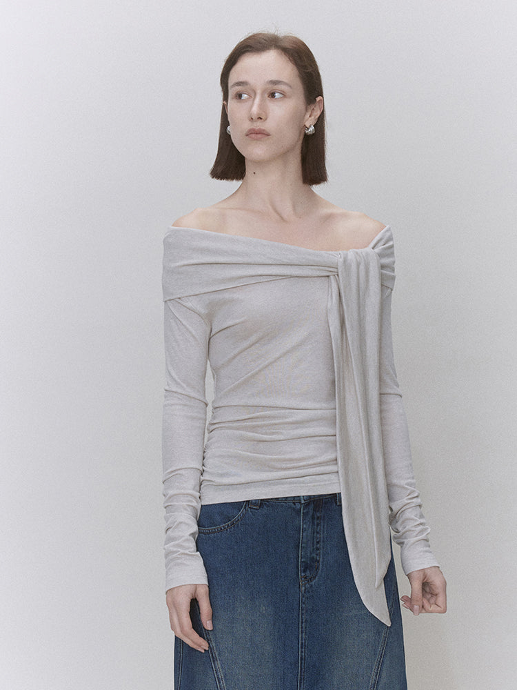 Soft Tencel Wool Off-Shoulder Tie-Front Knit Top