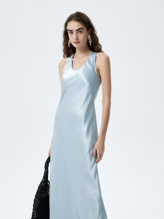 Shiny Midi Acetate Satin U-Neck Dress