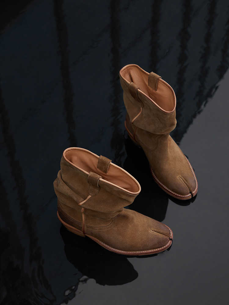 Slouchy Suede Split-Toe Stacked Boots