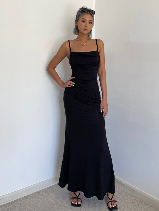 Shirring Cami Maxi Dress in Black