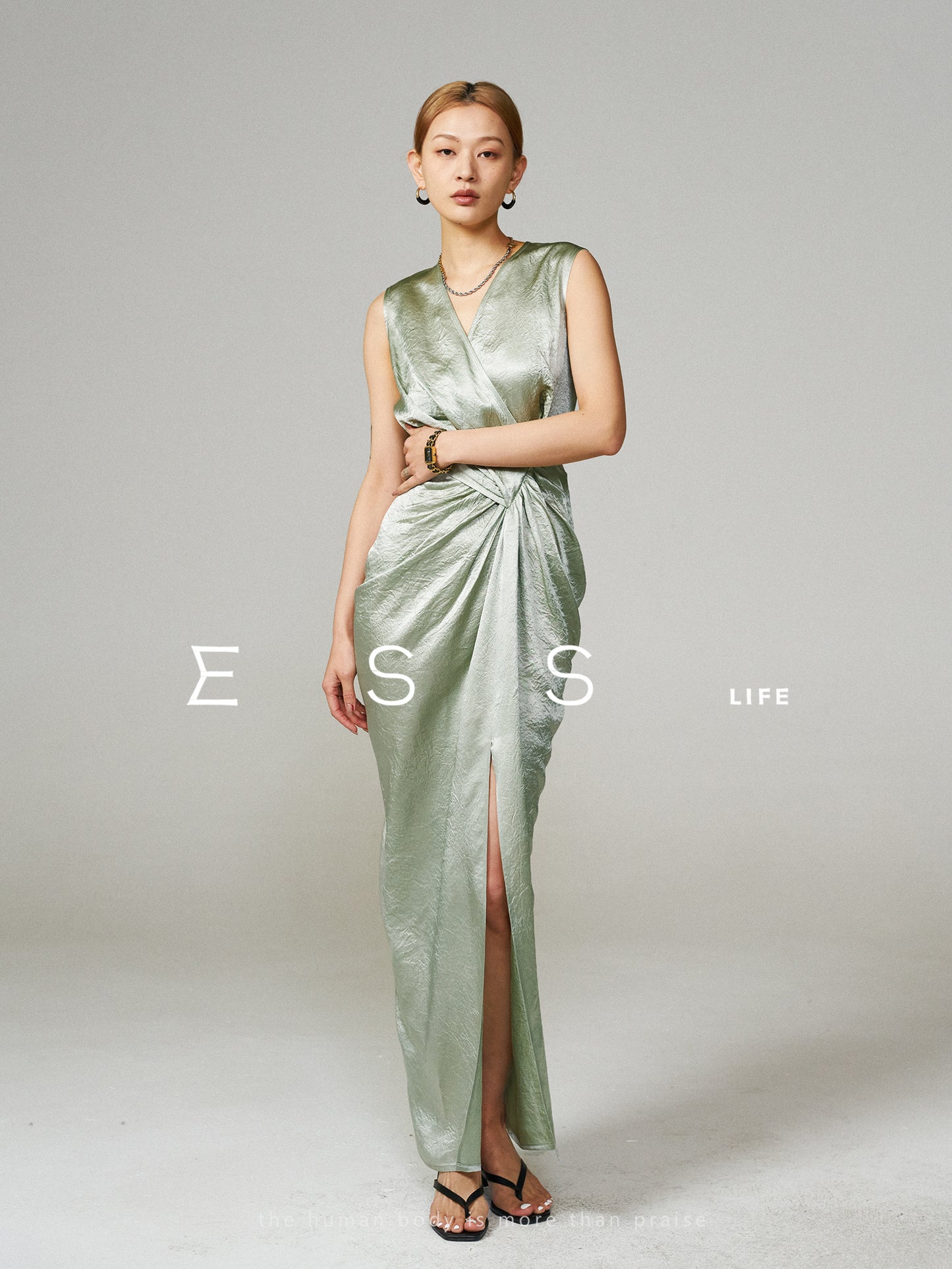 Wrinkled Acetate Satin V-Neck Maxi Dress