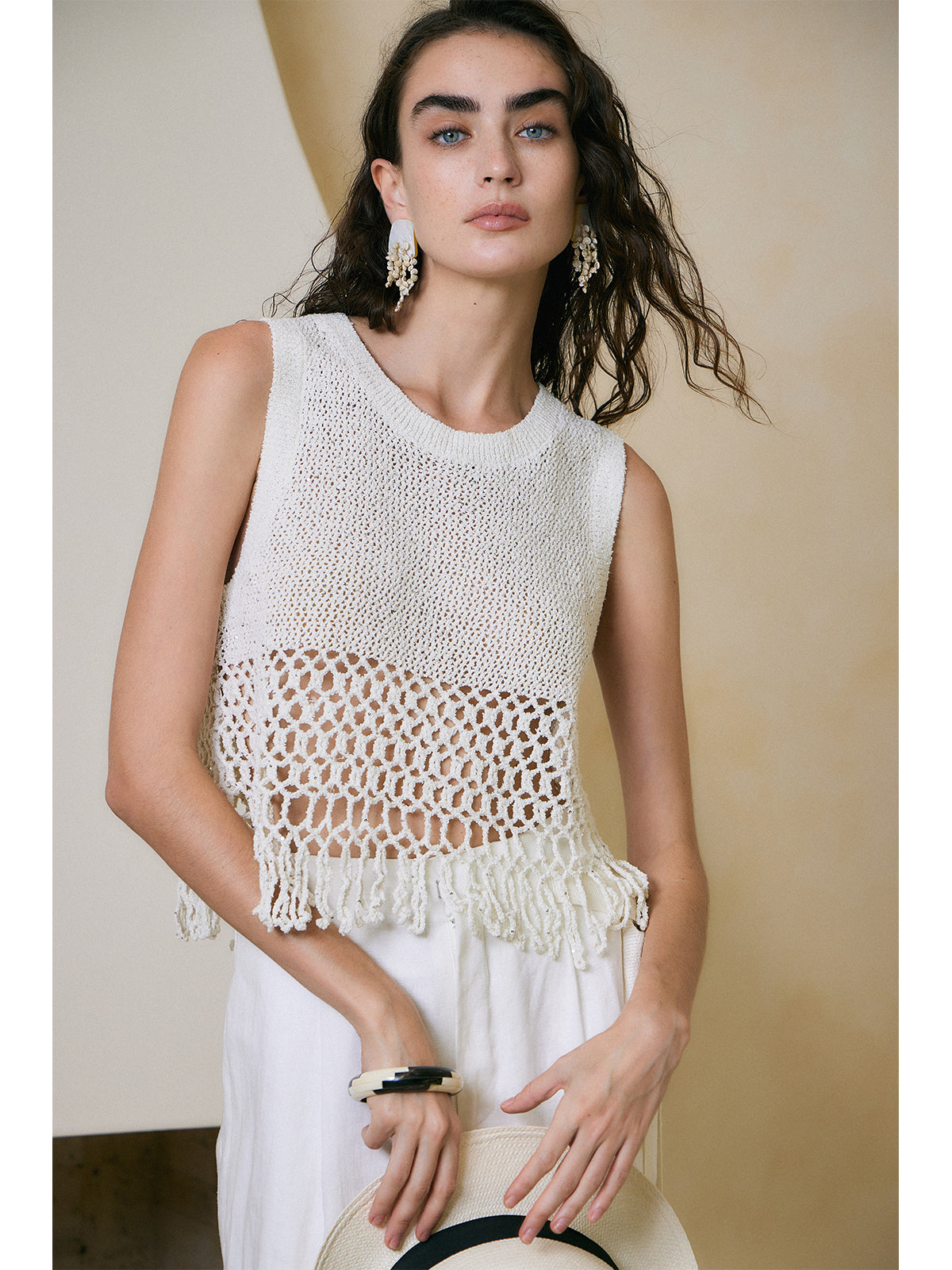 Breathable Linen Cotton Sequin Fringe Top