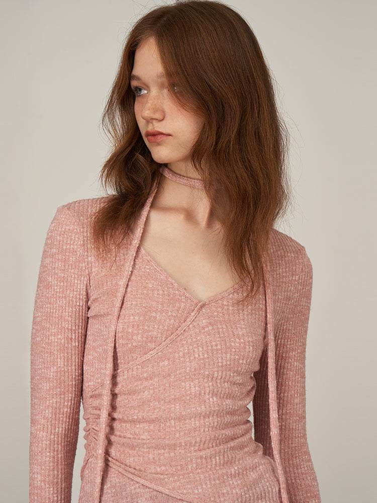 Peach Pink Textured Knit Top with Pleated Ribbons