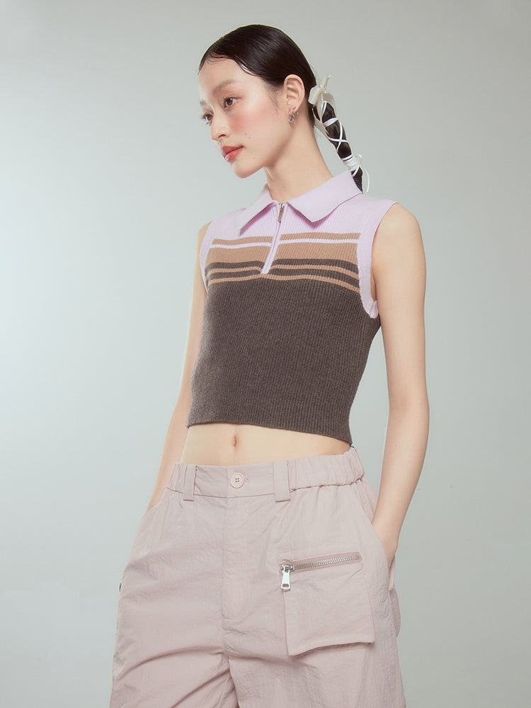 Polo-neck Zip Tight Cropped Summer-Knit