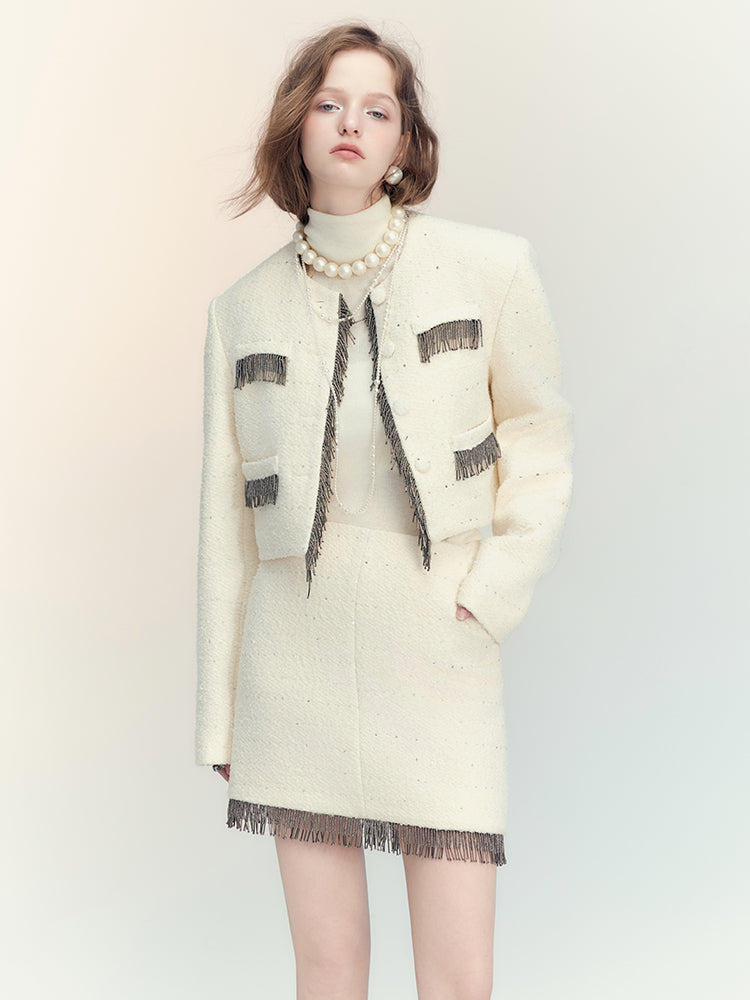 Suit Tassel Wool No-Collar Chic Classy Jacket＆Mini-Skirt