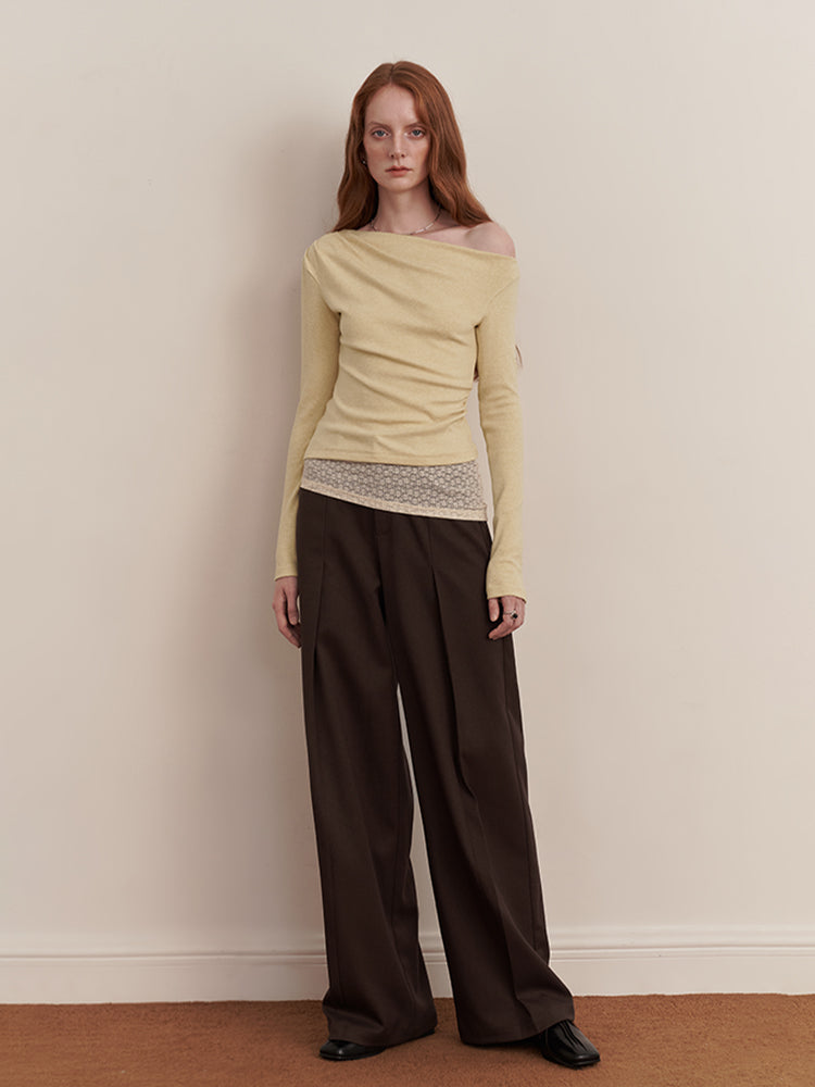 Asymmetrical Lace-Trim Knit Top with Draped Cowl Neck