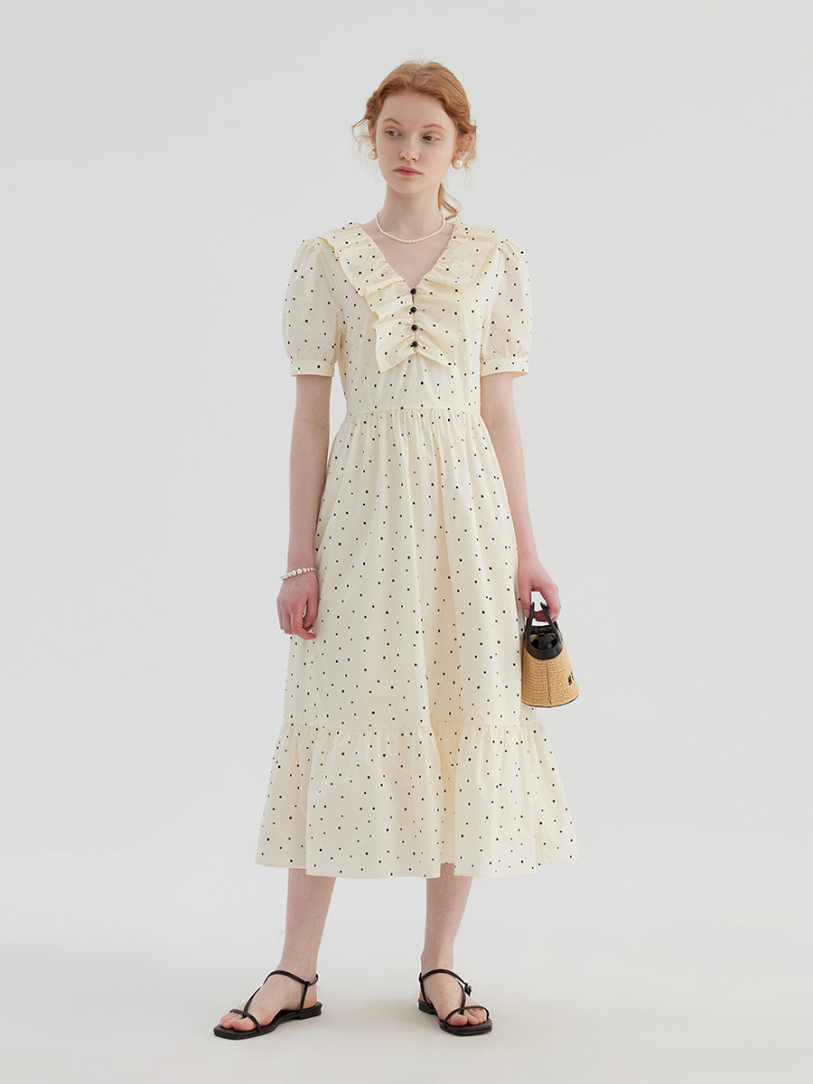 Irregular Polka Dot Ruffle V-neck Dress