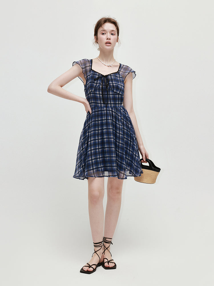 Vintage V-neck Plaid Mesh Dress