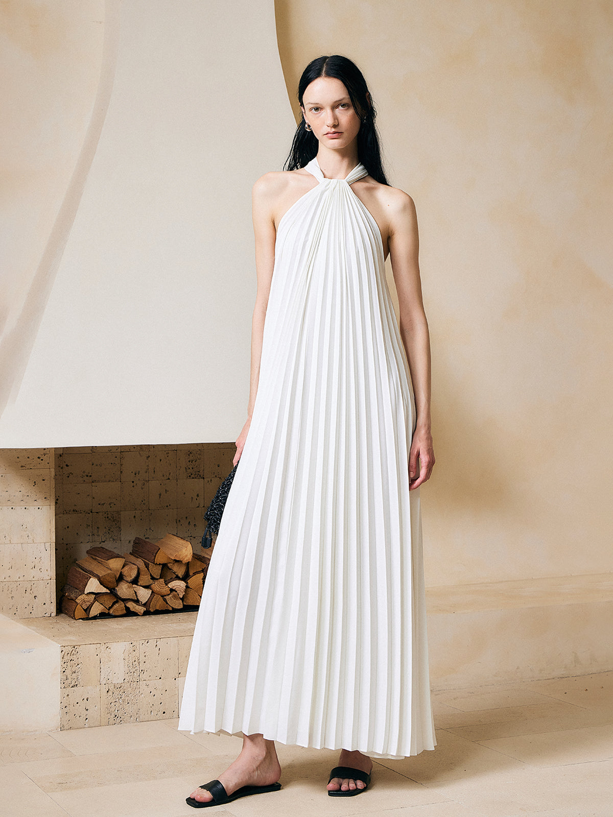 Elegant White Pleated Halter A-line Dress