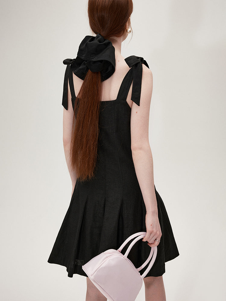 Black Bow Tie Waist Sleeveless Dress