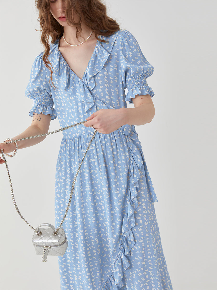 Floral Waist-Cinching Bubble Sleeve Maxi Dress