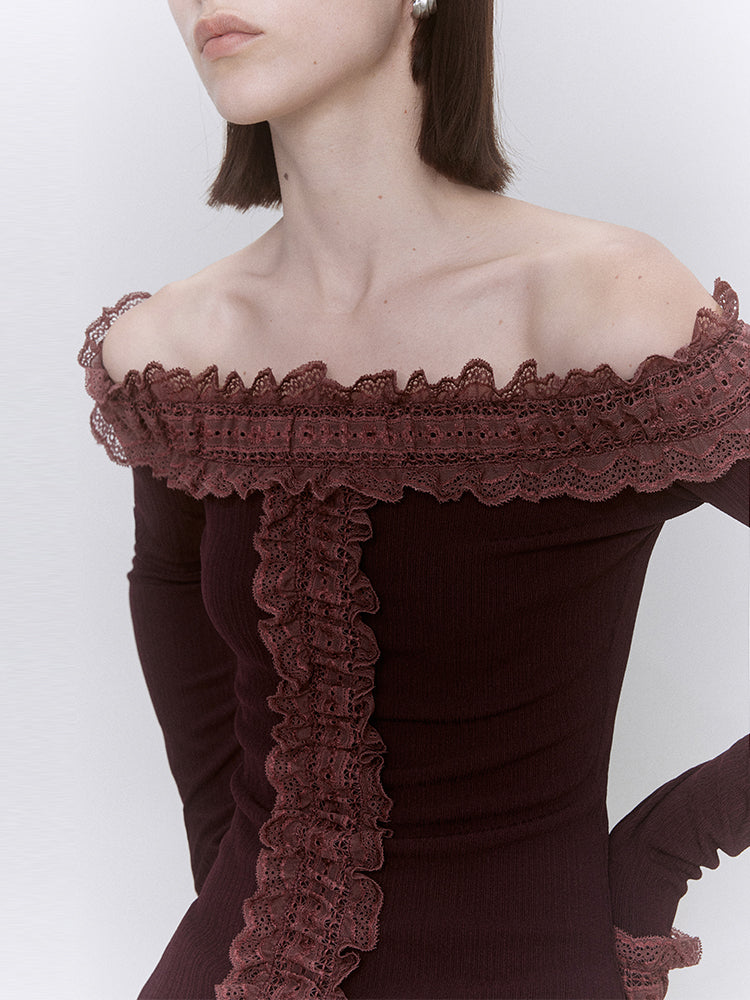 Vintage Cherry Red Off-Shoulder Lace Knit Top