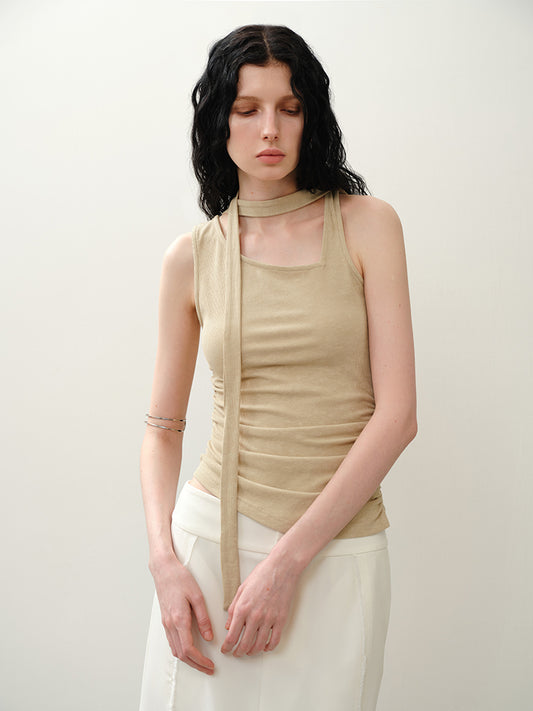 Asymmetrical Neck Ruched Tie Waist Tank Top