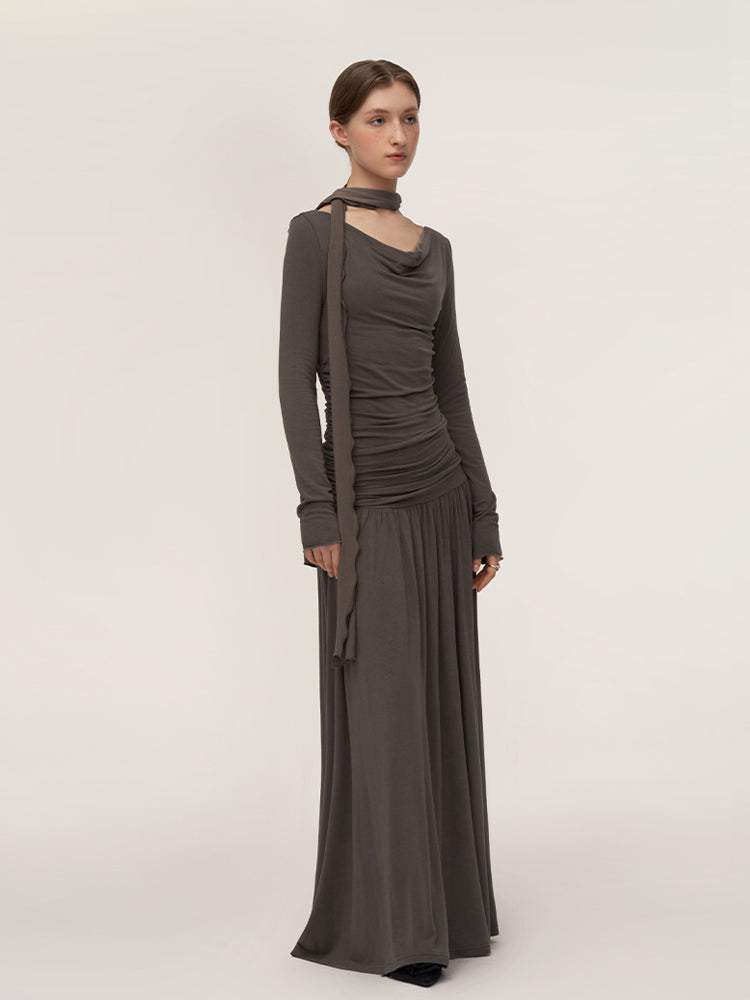 Soft Draped Cowl Neck Ruched Halter Maxi Dress