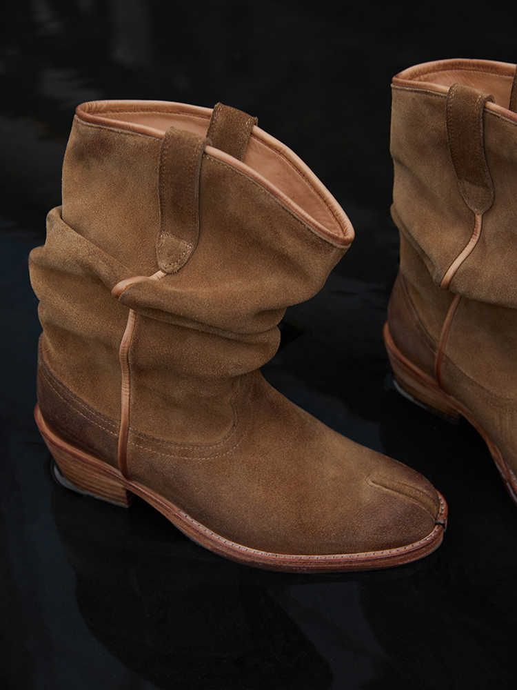 Slouchy Suede Split-Toe Stacked Boots