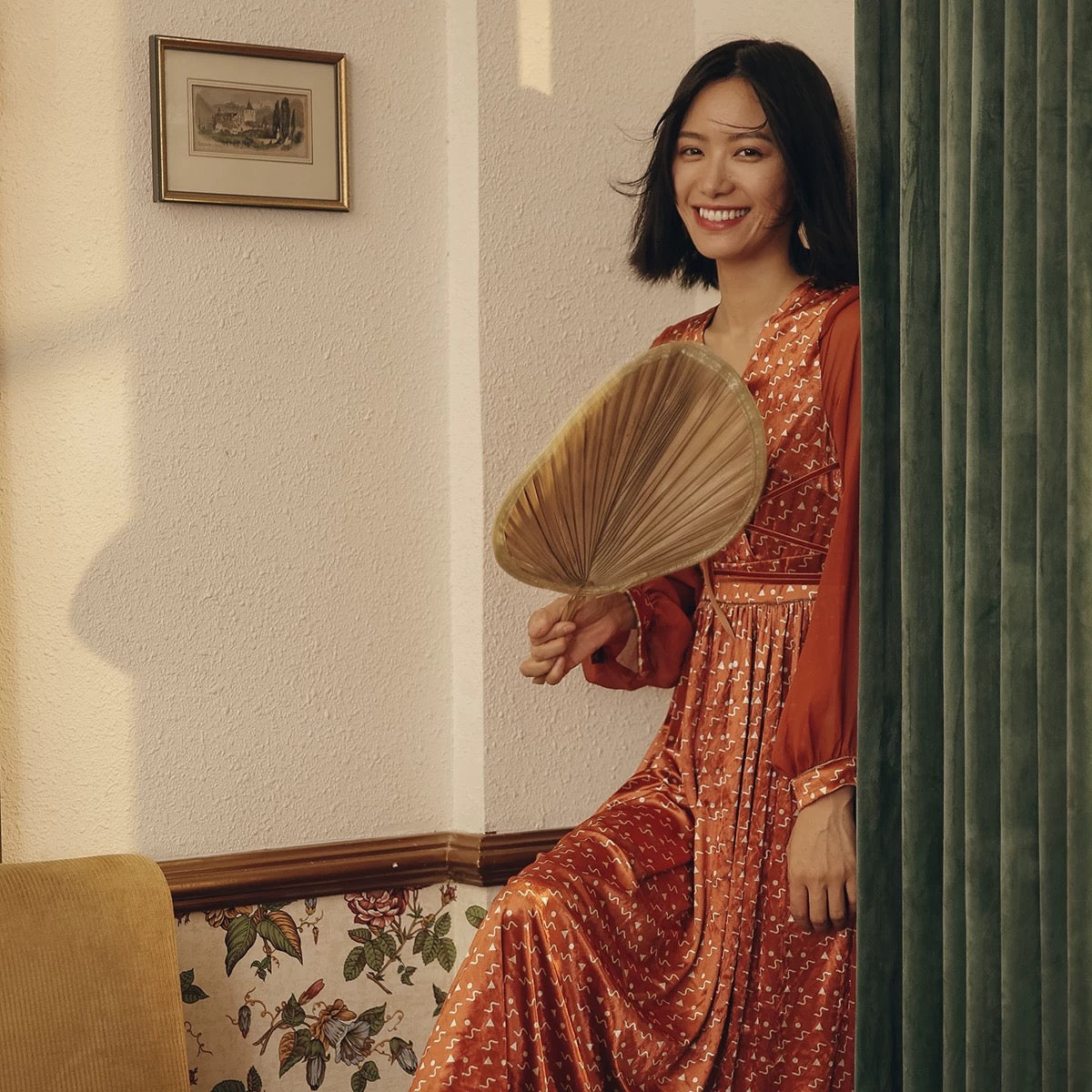 Printed Sheer Sleeve Maxi Dress in Orange