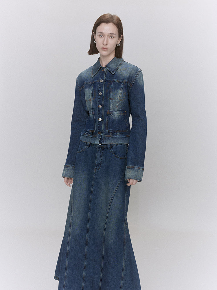 Vintage Denim Side-Slit Distressed Fishtail Skirt