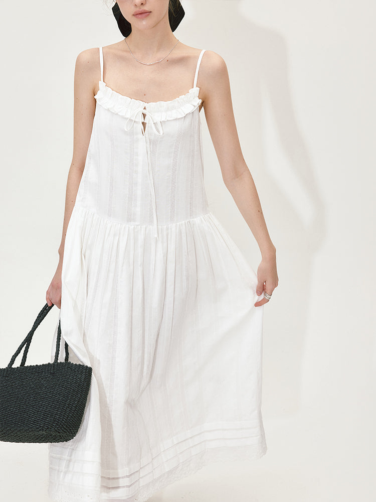 Unique Sleeveless Ruffle Trim Cotton Maxi Dress