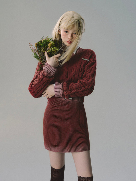 Set-Up Cable-Knit Rib-Knit Tight Retro Knit＆Skirt