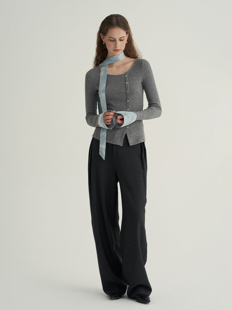 Artistic Colorblock Asymmetrical Knit Top with Draped Tie