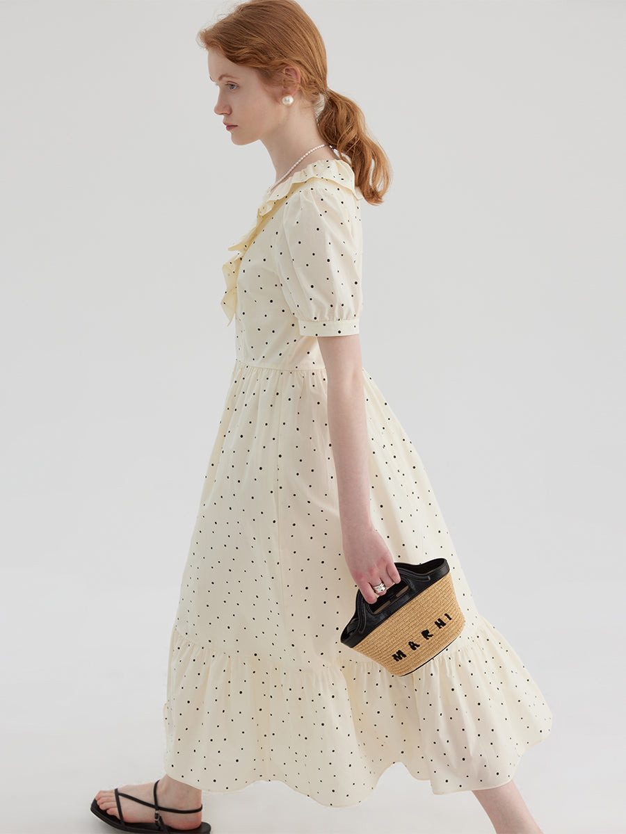 Irregular Polka Dot Ruffle V-neck Dress