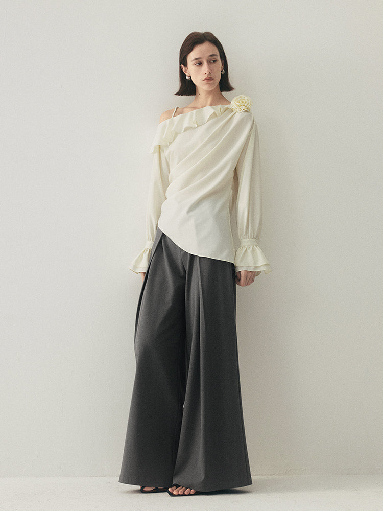 Wide-Leg Pleated Pants with Detachable Belt