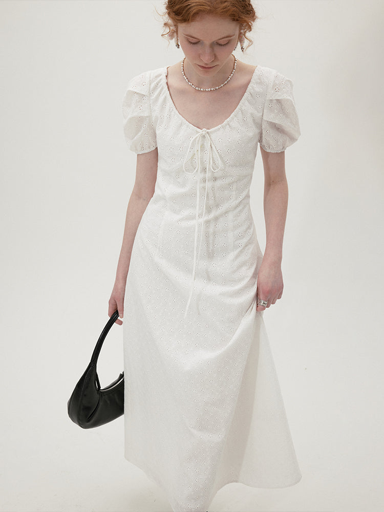 White Puff Sleeve U-neck Embroidered Cinch Waist Dress