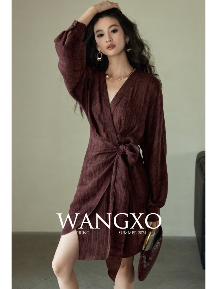 Cross V-neck Linen Dress with Waist Tie