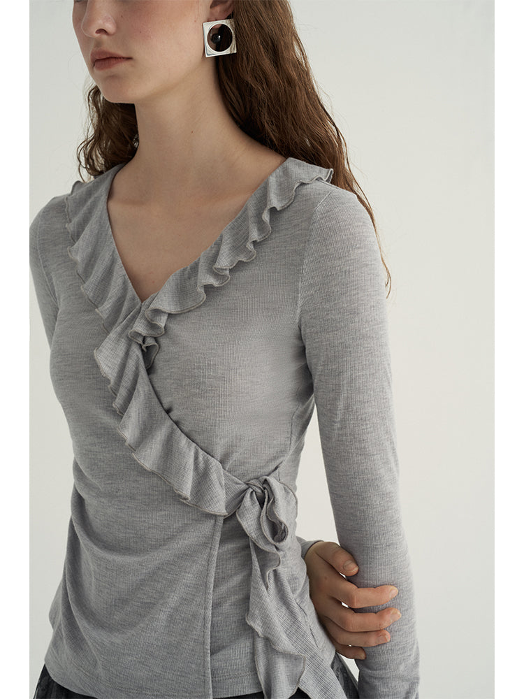 V-Neck Ruffled Wrap Sweater with Side Tie