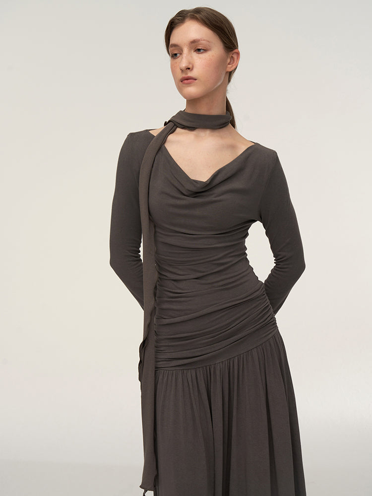 Soft Draped Cowl Neck Ruched Halter Maxi Dress