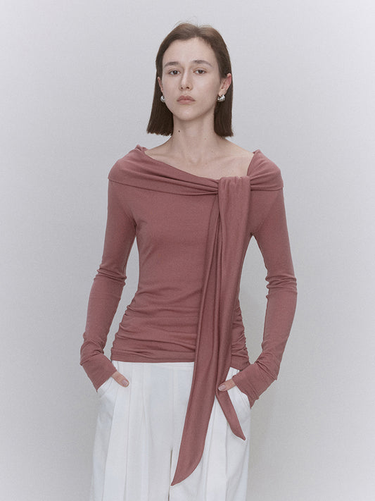 Soft Tencel Wool Off-Shoulder Tie-Front Knit Top