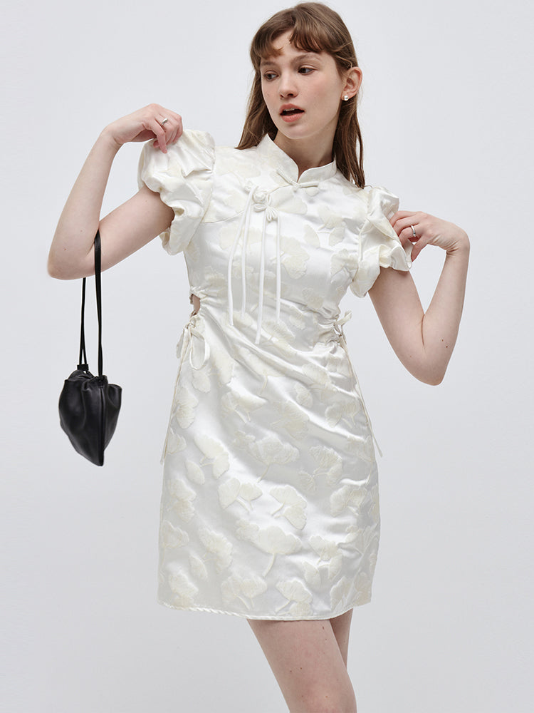 Elegant Jacquard Puff Sleeve Qipao Dress