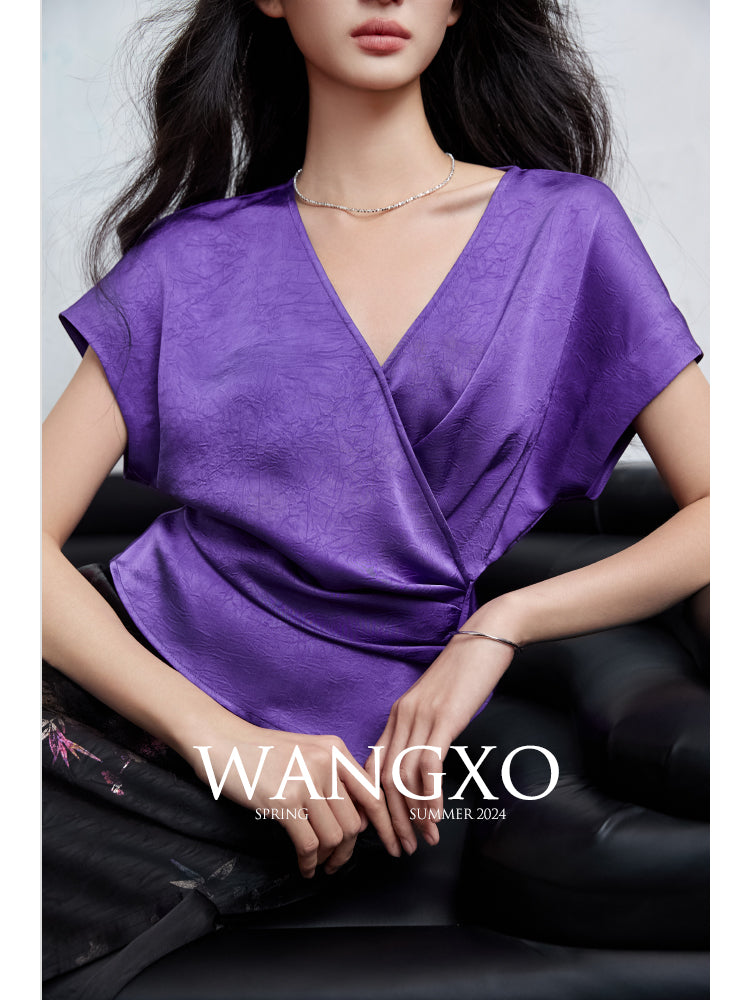 Elegant Embossed V-Neck Satin Blouse