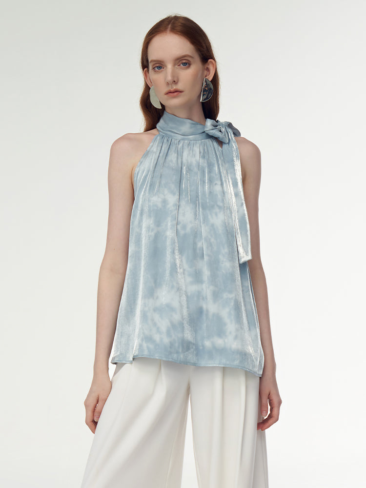 Blue Halter Satin Tie Top