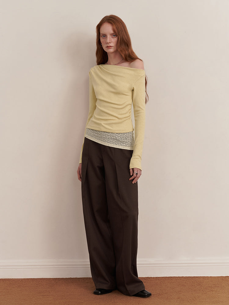 Heavy-Drape Elastic Waist Pleated Curved Trousers