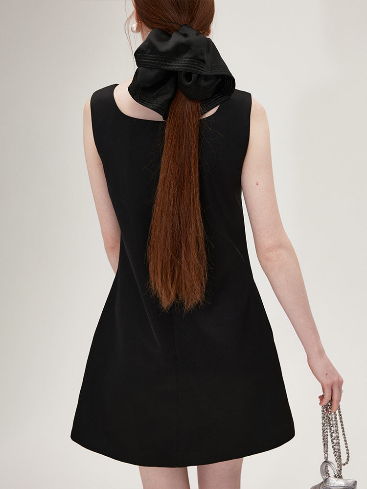 Black Bow U-neck Waist Cinching A-line Dress