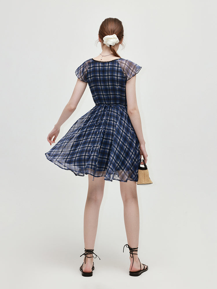 Vintage V-neck Plaid Mesh Dress