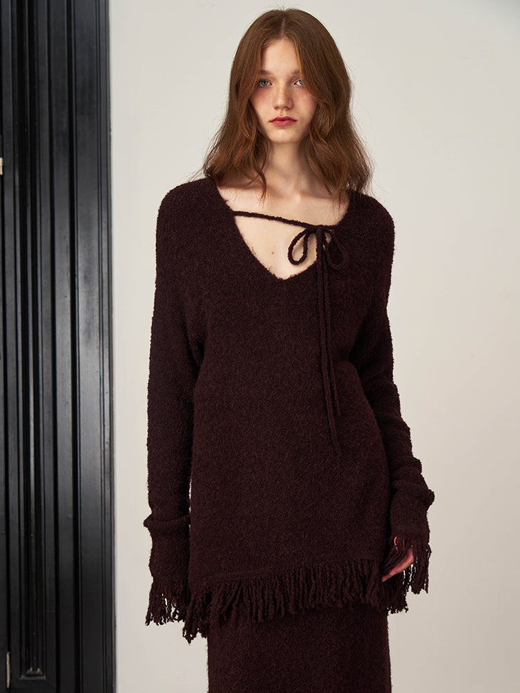 Caramel Wool Bouclé Yarn Tassel V-Neck Relaxed Sweater Set