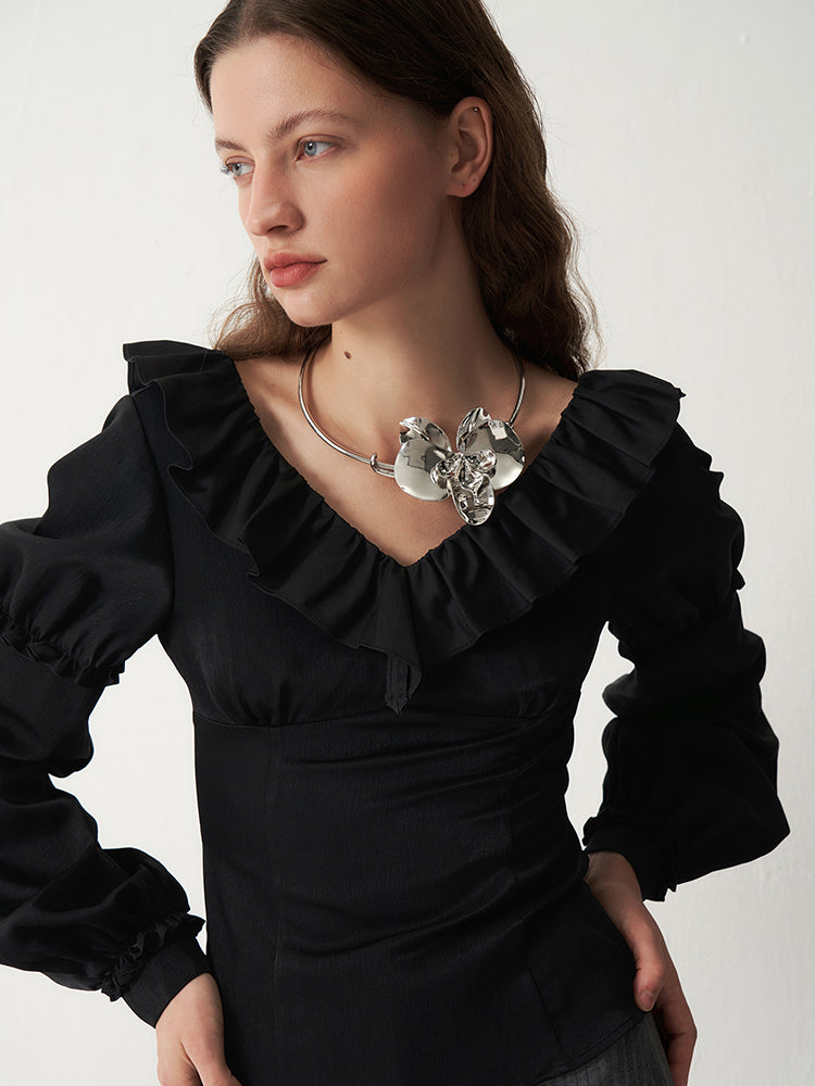 Satin Ruffle V-Neck Lantern Sleeve Blouse