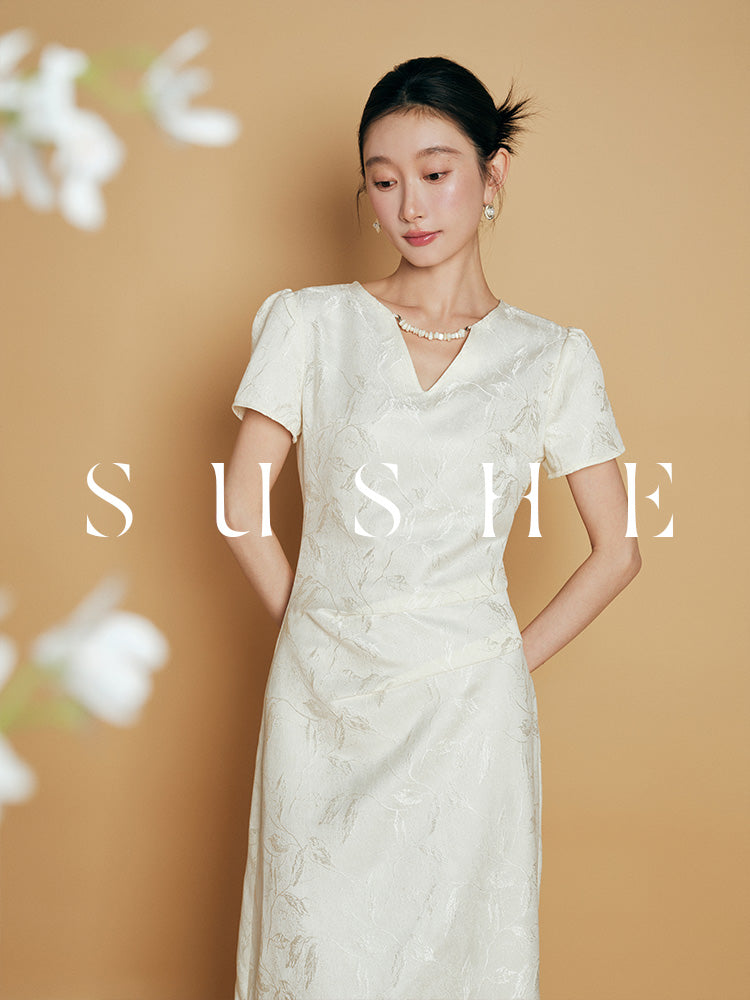 Jacquard Puff Sleeve Dress with Shell Beading