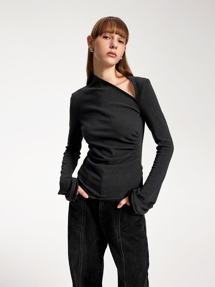 Asymmetrical Pleated Knit Top with One-Shoulder Design