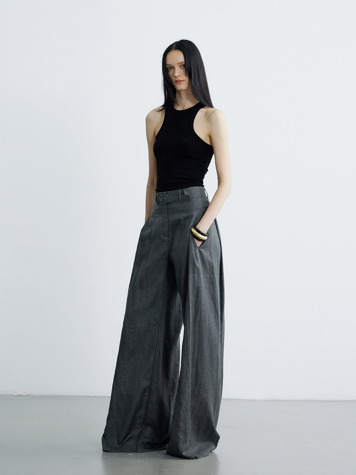 Vintage Wide-Leg Linen Pants with Belt