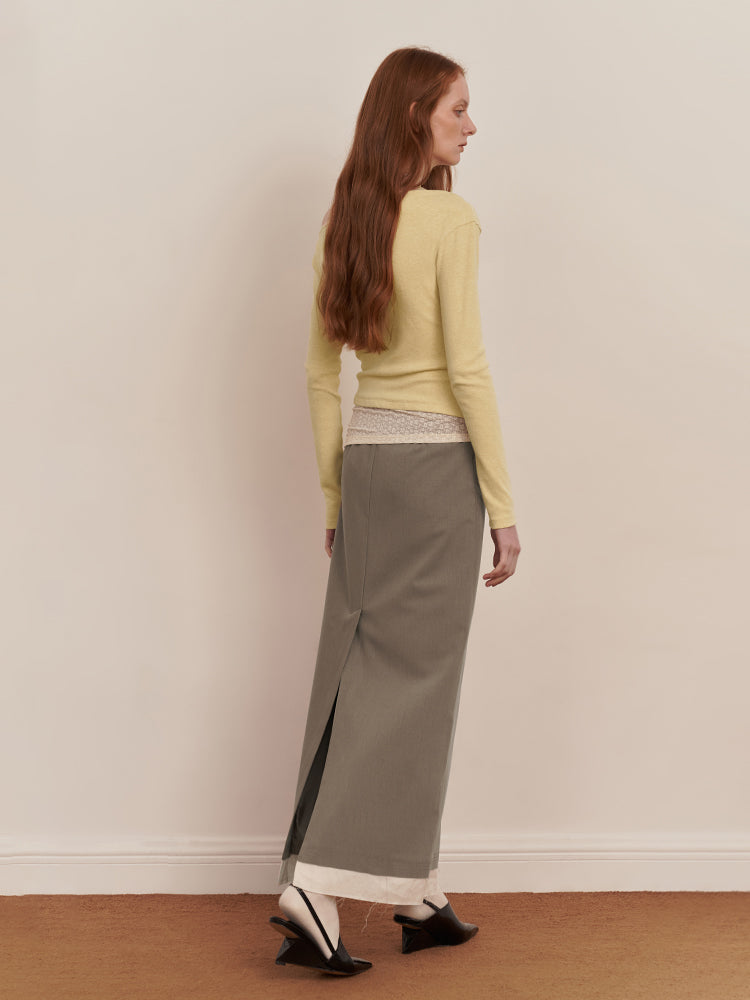 Color-Block Frayed Hem Midi Skirt with Back Slit