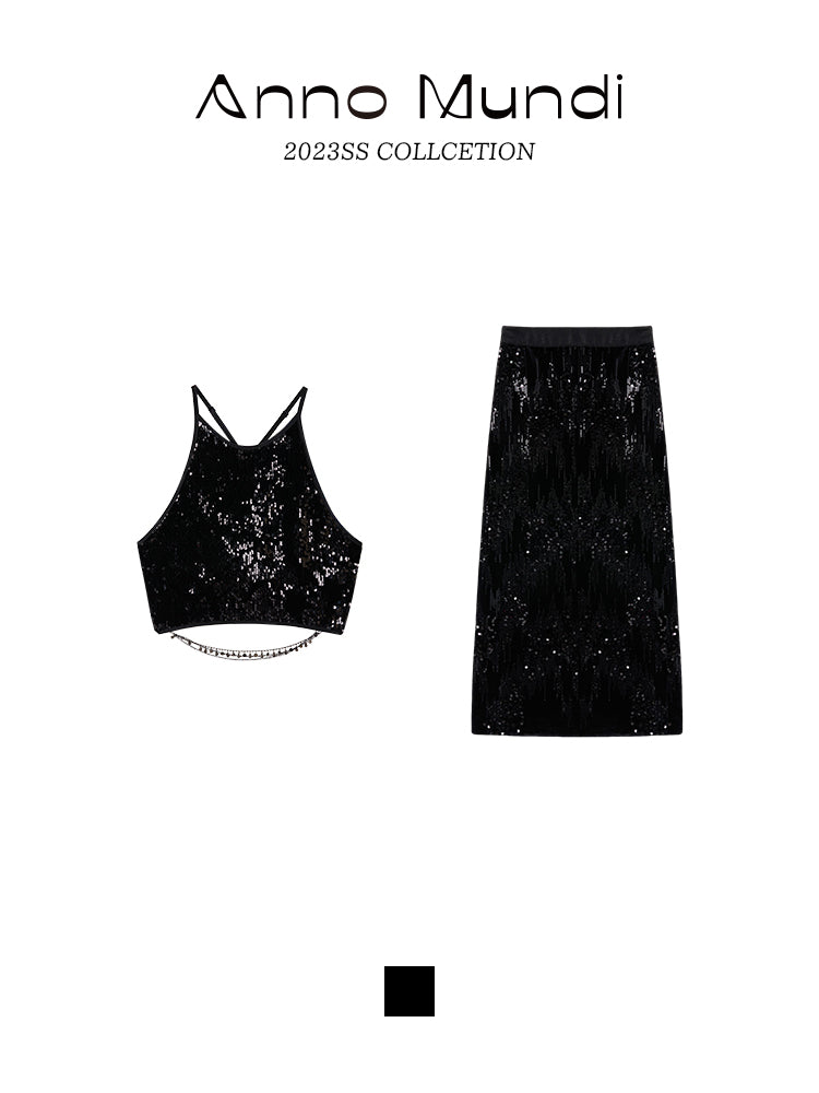 체인 시퀸 러스터 탑&amp;롱스커트 