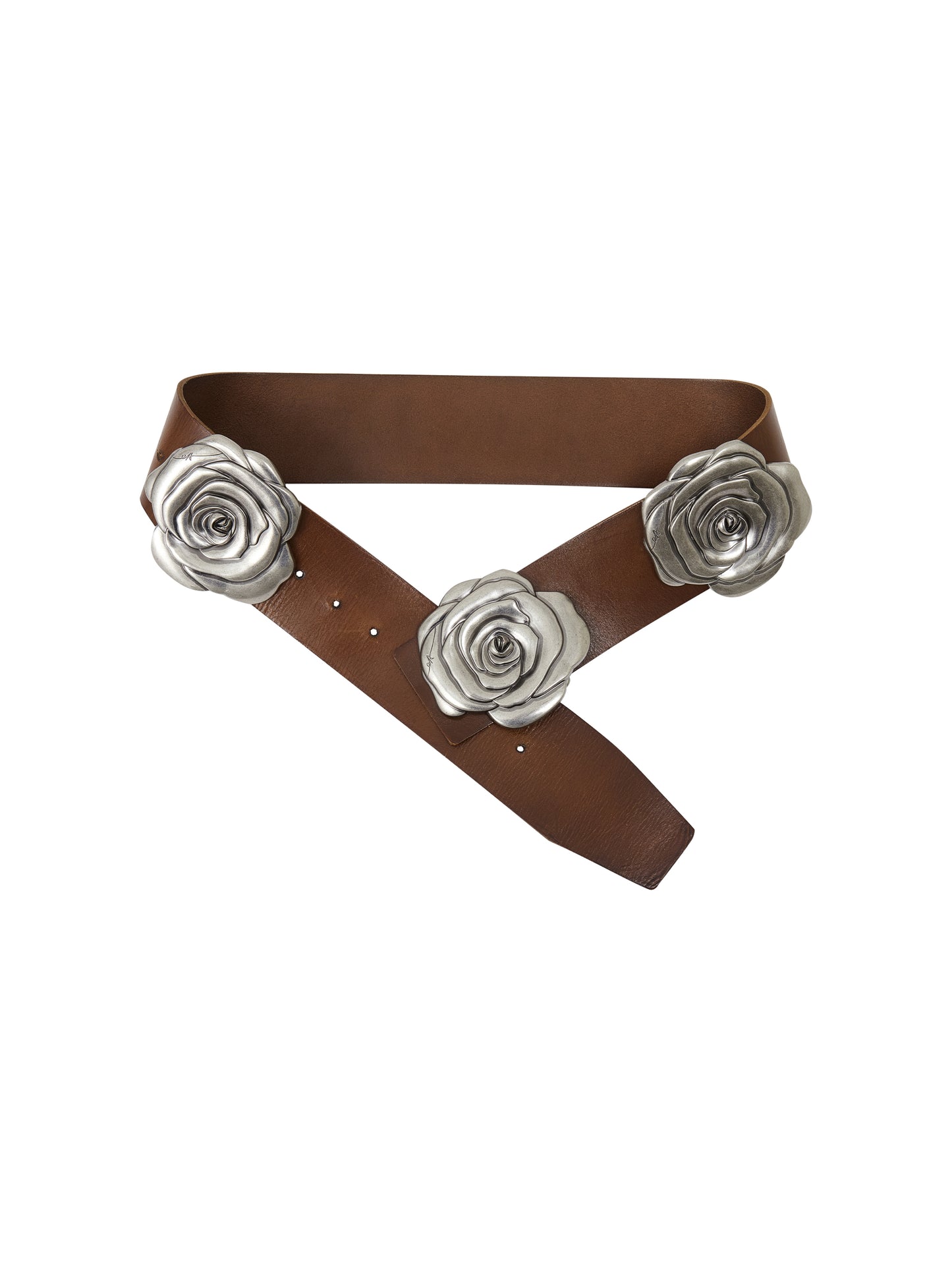 Vintage Distressed Leather Belt with Metal Rose Buckle