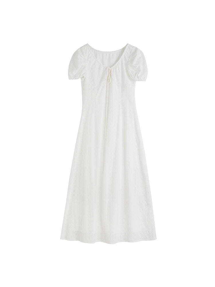 White Puff Sleeve U-neck Embroidered Cinch Waist Dress