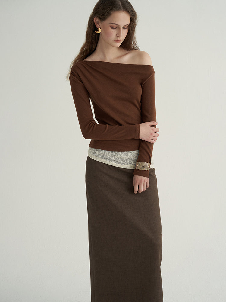 Asymmetrical Lace-Trim Knit Top with Draped Cowl Neck